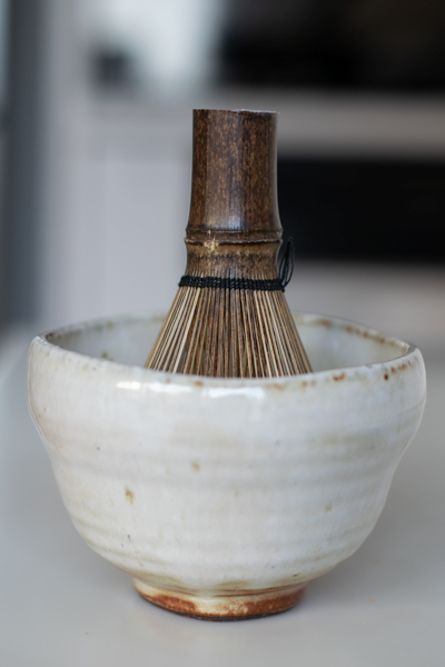 Japanese ceramic matcha set with a natural bamboo whisk